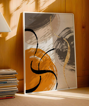 Abstract Art with Orange, Black, and Gold Brushstrokes - Mi tienda