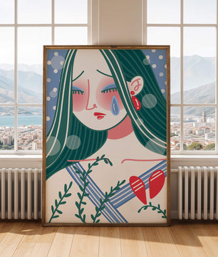 Ilustración de una mujer triste con el corazón roto