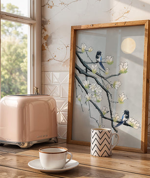 Magpies on Blooming Branches under Full Moon
