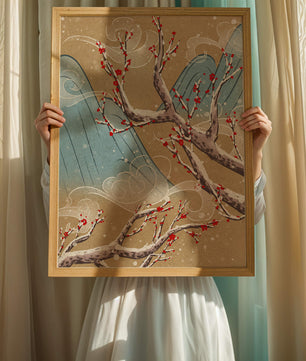 Traditional Japanese landscape with blooming cherry branches