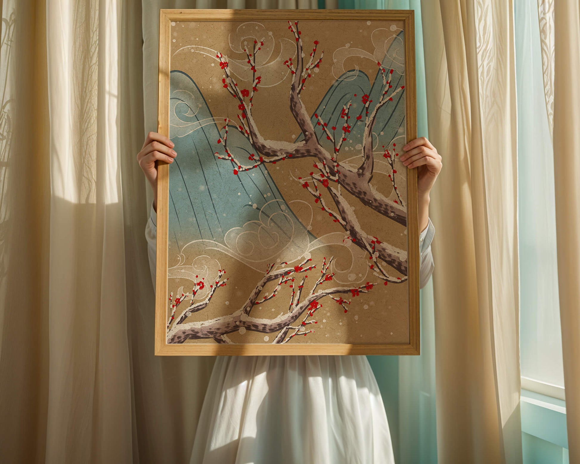 Traditional Japanese landscape with blooming cherry branches