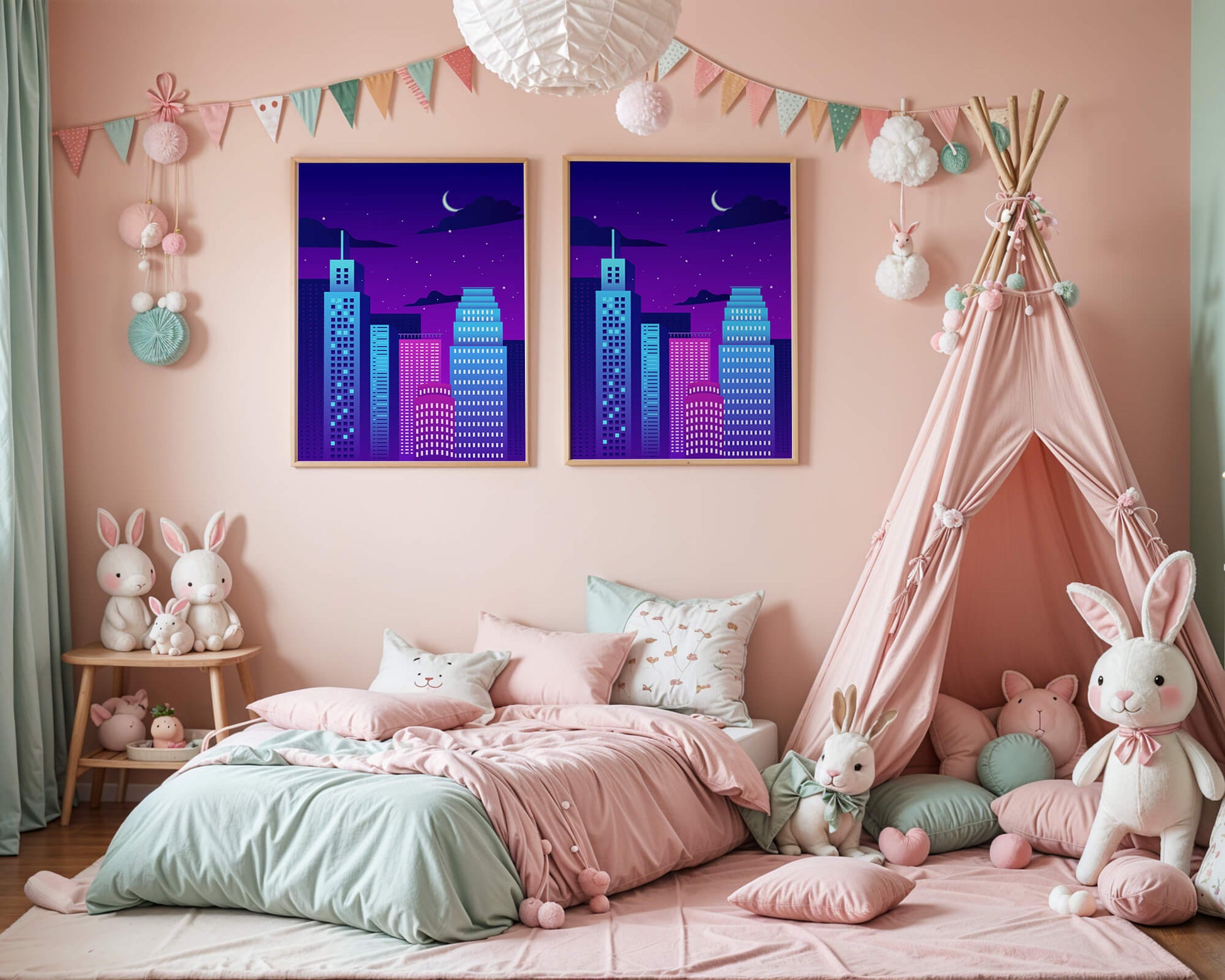Vibrant city skyline at night with modern skyscrapers and starry sky