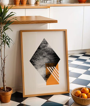 Abstract Geometric Composition with Orange Triangle and Cloudy Pattern - Mi tienda