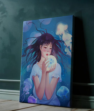 Enchanted underwater scene with girl and glowing jellyfish