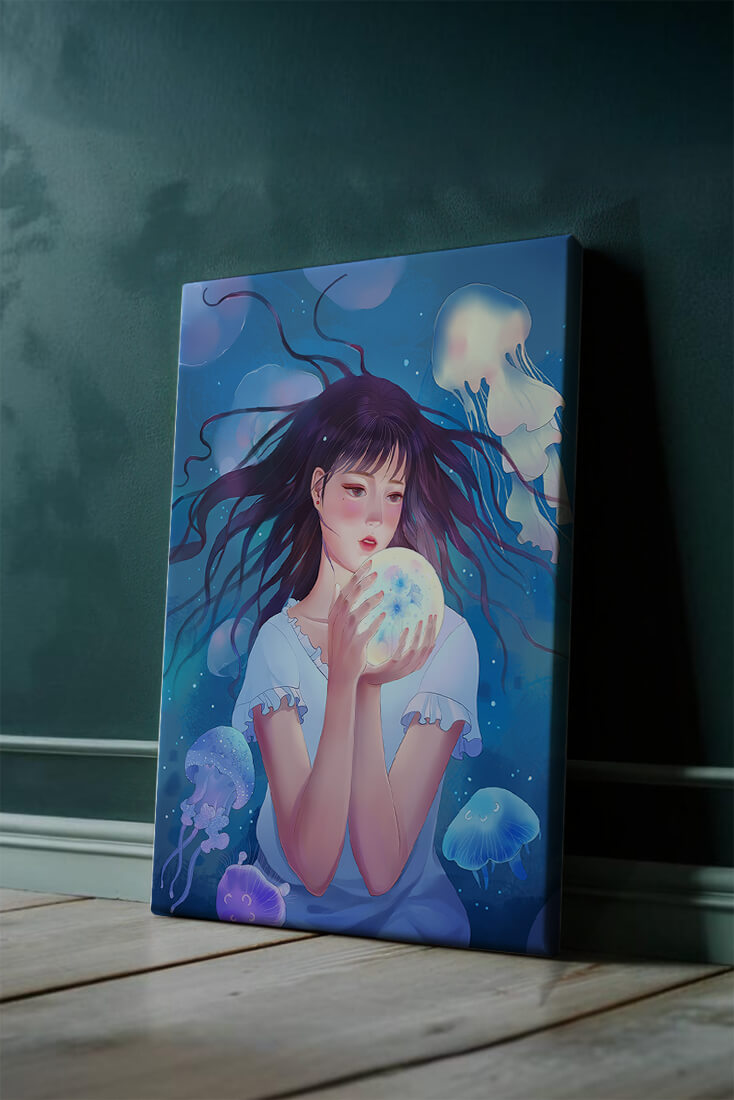Enchanted underwater scene with girl and glowing jellyfish