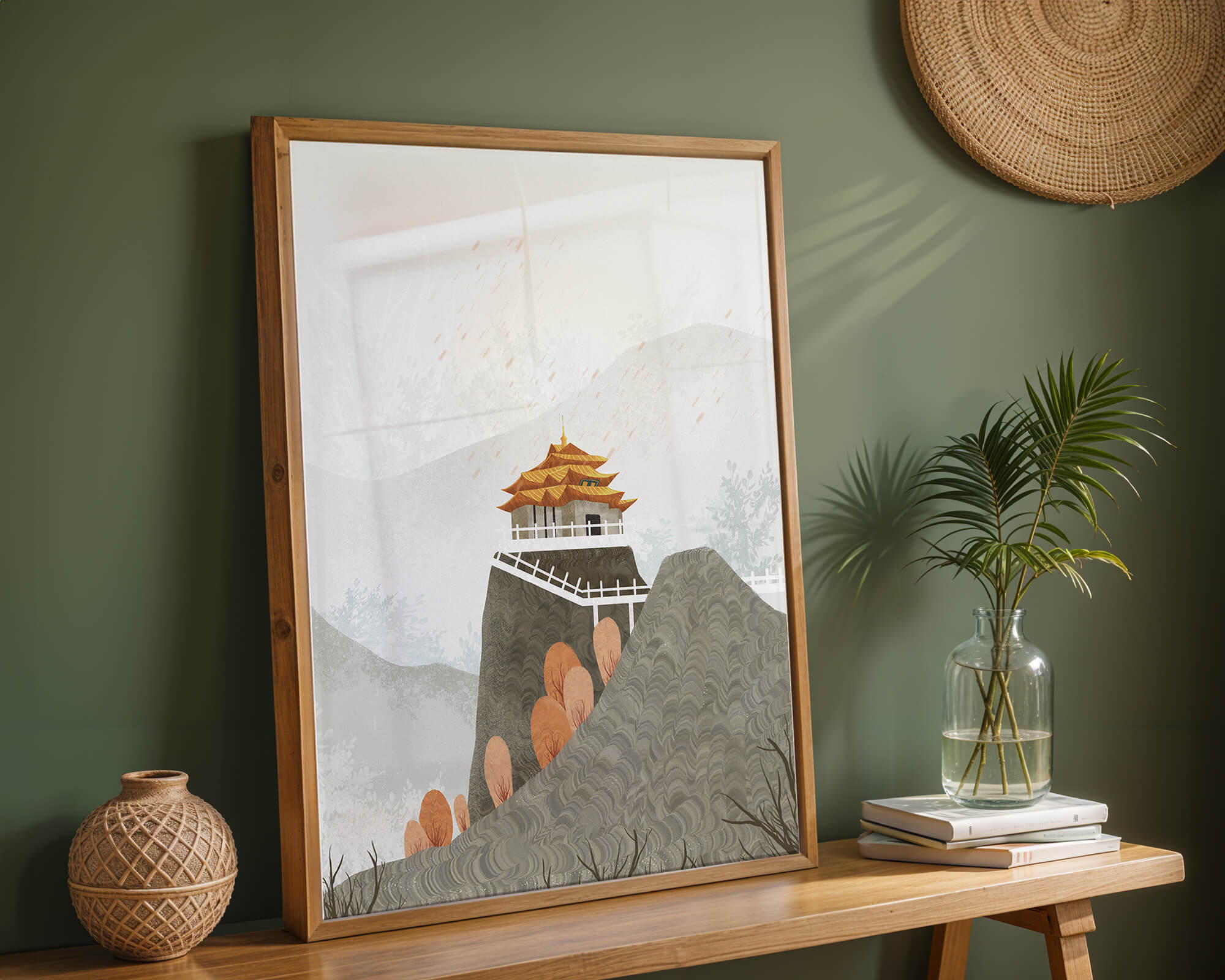 Serene mountain landscape with traditional Asian architecture