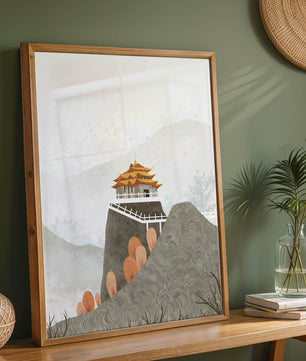 Serene mountain landscape with traditional Asian architecture