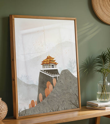Serene mountain landscape with traditional Asian architecture