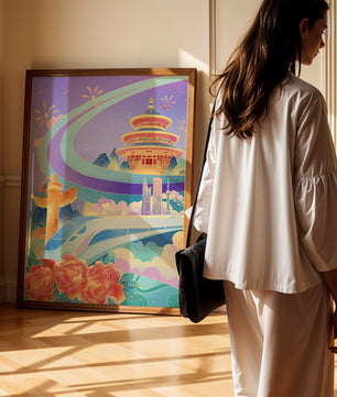 Colorful futuristic landscape with traditional Chinese architecture and high-speed train
