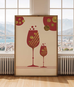 Stylish wine glasses with gold accents and a festive theme