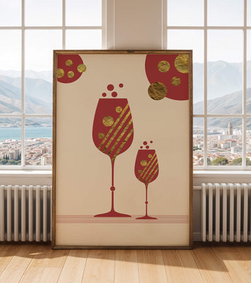 Stylish wine glasses with gold accents and a festive theme