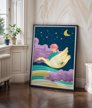 Child flying on a goose through a magical night sky illustration