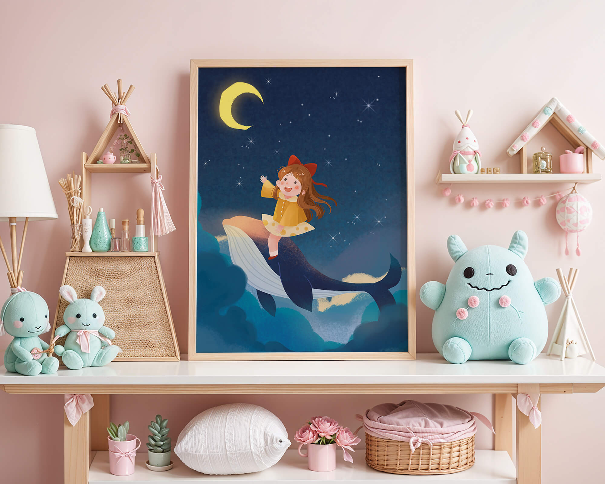 Girl on a whale under starry night sky