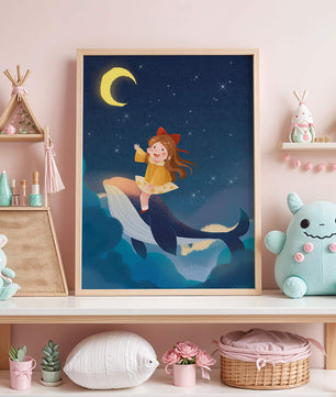 Girl on a whale under starry night sky