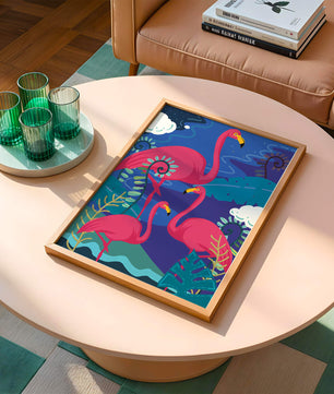 Colorful illustration of flamingos in a tropical setting
