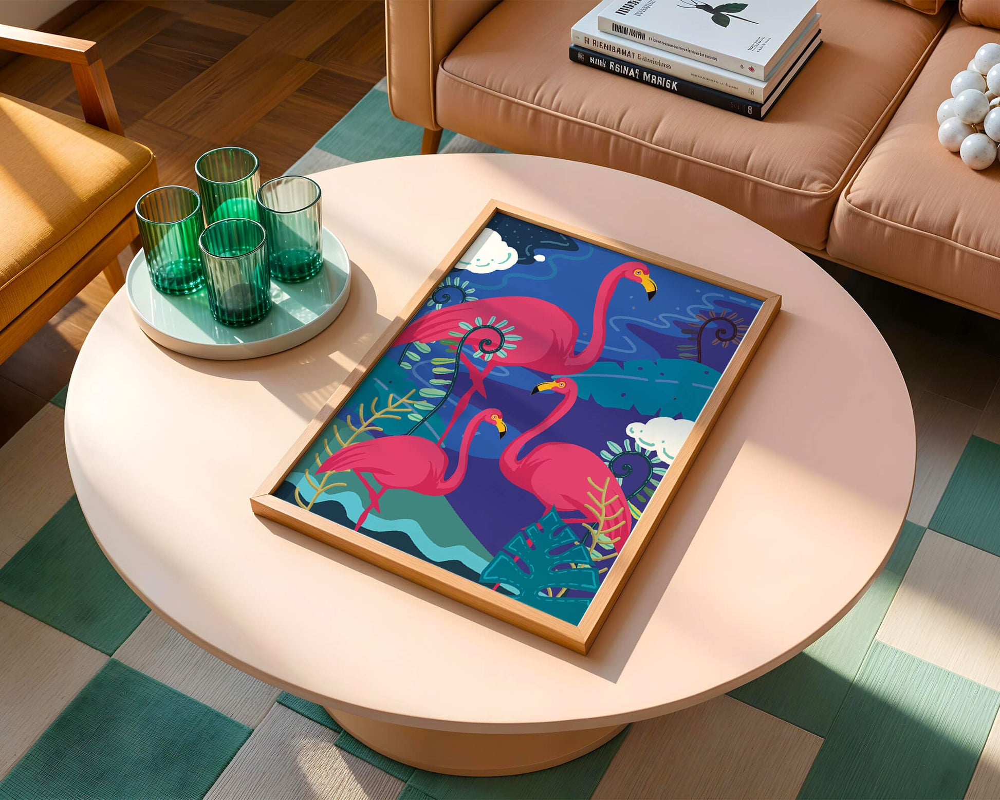 Colorful illustration of flamingos in a tropical setting
