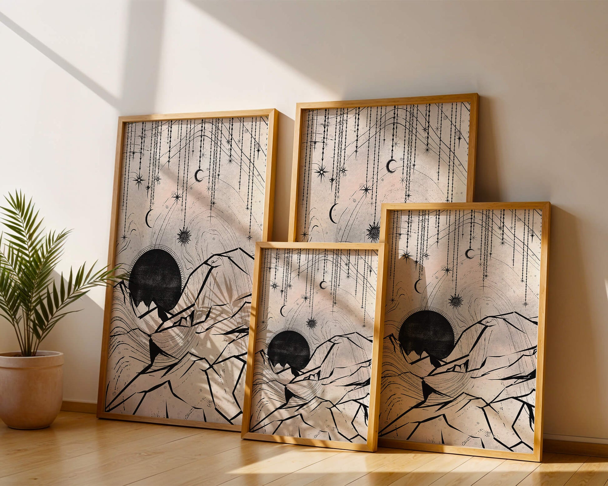 Abstract celestial landscape with mountains and stars