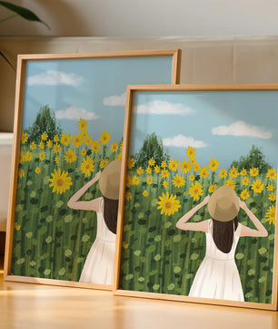 Mujer con vestido blanco admirando un campo de girasoles