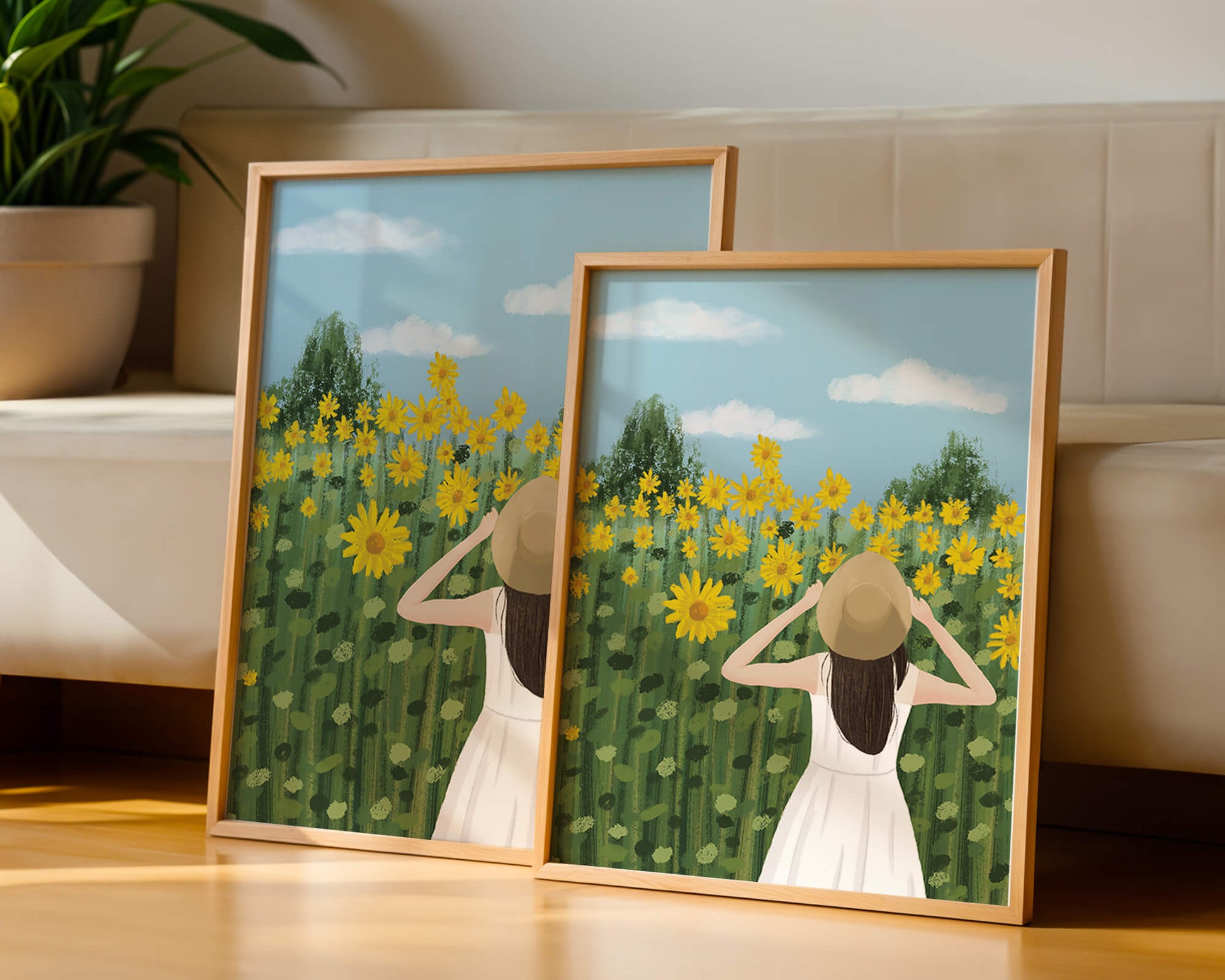 Mujer con vestido blanco admirando un campo de girasoles