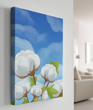 Künstlerische Illustration von Baumwollpflanzen vor einem klaren blauen Himmel