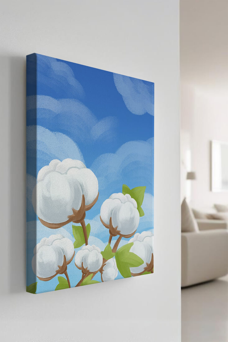 Künstlerische Illustration von Baumwollpflanzen vor einem klaren blauen Himmel