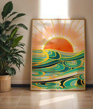Sunrise over stylized ocean waves with gold accents