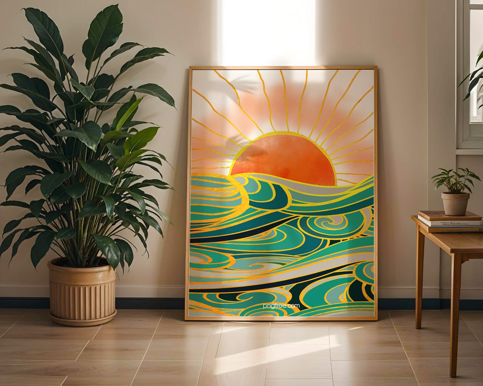 Sunrise over stylized ocean waves with gold accents