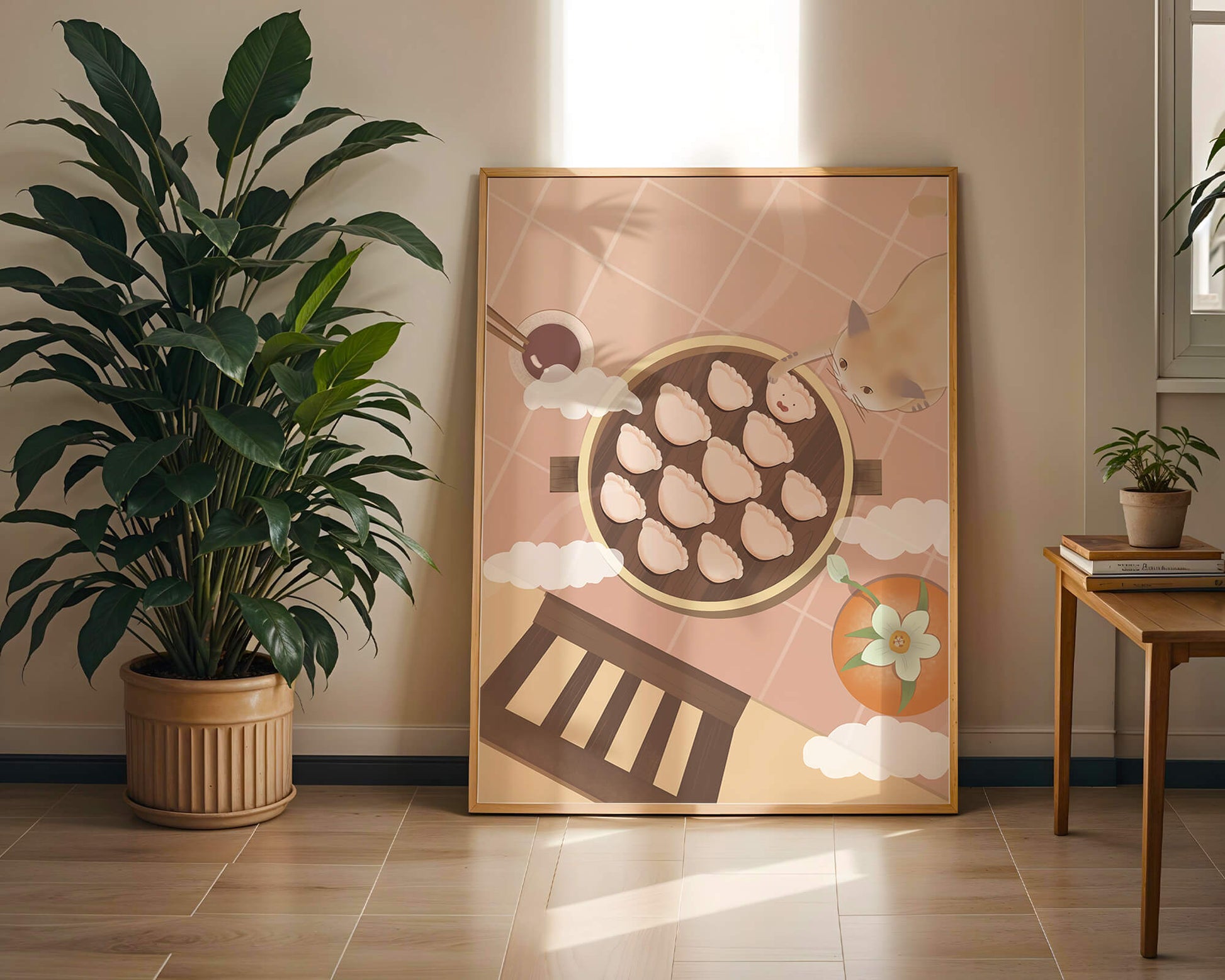 Gato alcanzando dumplings en una mesa con azulejos rosas y naranjas con palillos