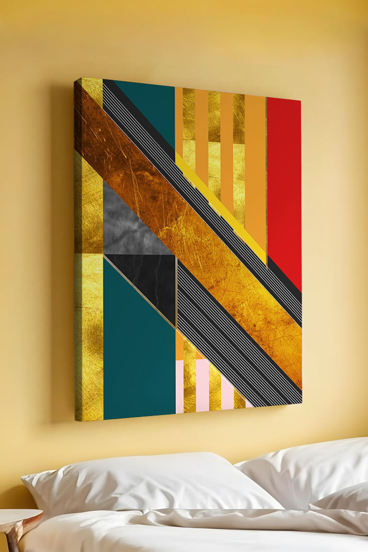 Abstract geometric design with gold accents and vibrant colors