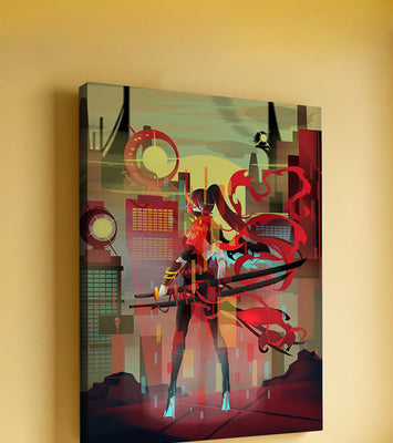 Futuristic warrior in a cyberpunk cityscape with swords and red accents