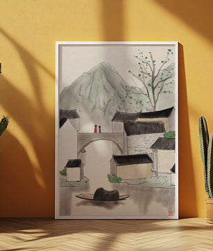 Serene mountain village ink painting with bridge and boat