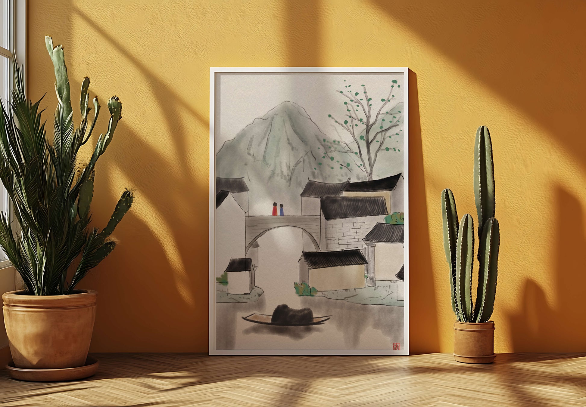 Pintura de tinta de un tranquilo pueblo montañoso con puente y barco