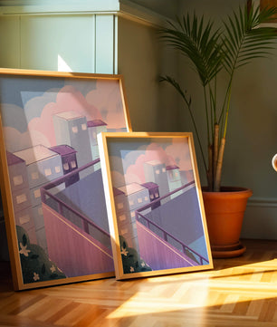 Urban Pastel Scene with Buildings and Pink Clouds