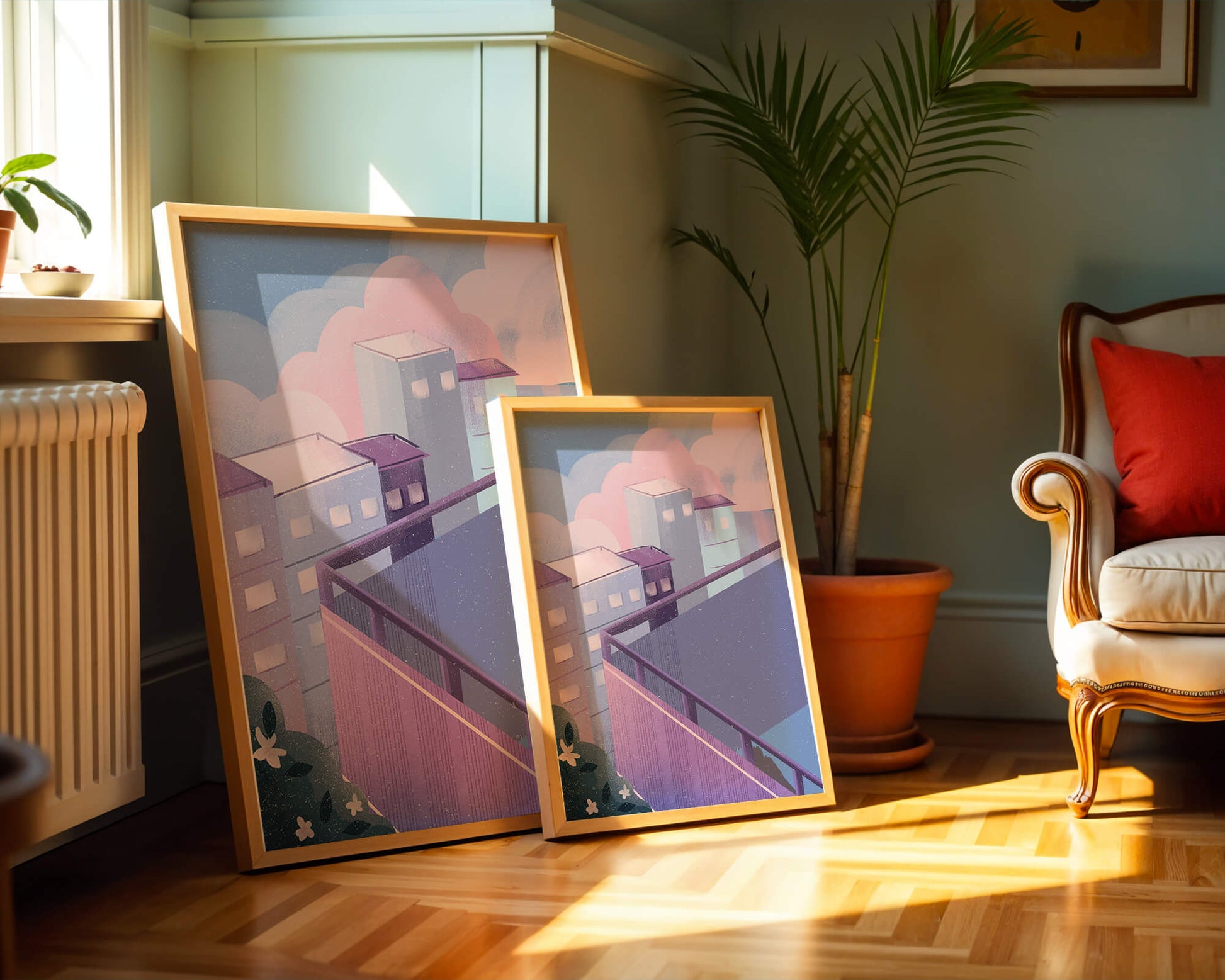 Urban Pastel Scene with Buildings and Pink Clouds