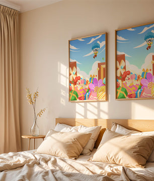Colorful illustration with presents and children playing under a blue sky