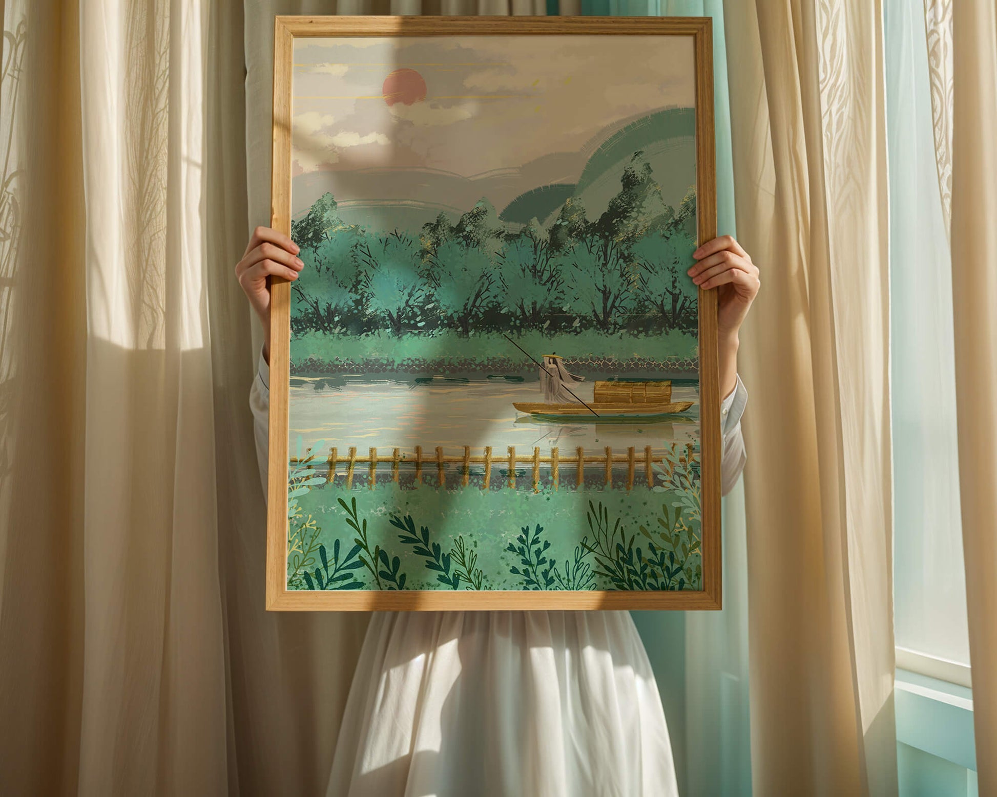 Serene Landscape with Boatman on River at Sunrise