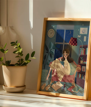 Cozy Nighttime Reading in a Living Room with Moonlit Window