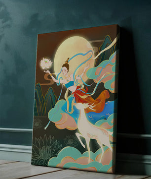 Ilustración serena de una mujer mística con ciervos en un paisaje iluminado por la luna