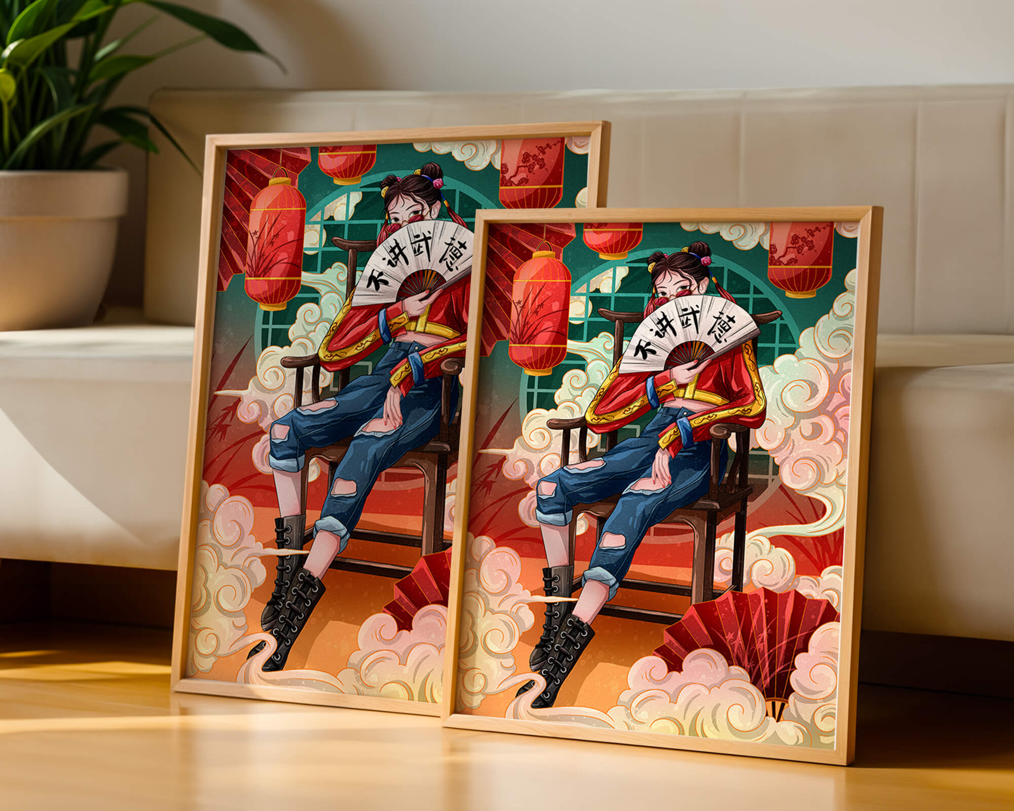 Female character with fan in colorful oriental setting