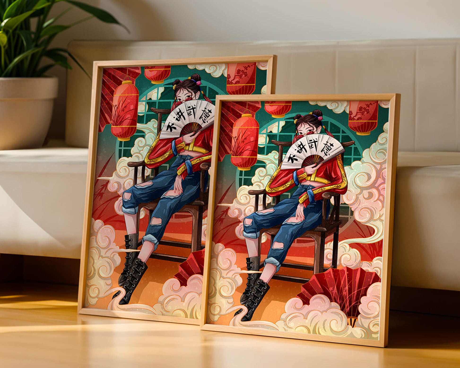 Female character with fan in colorful oriental setting