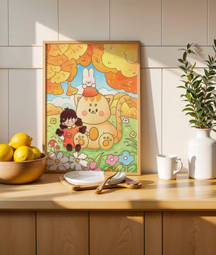 Ilustración caprichosa de una niña, un gato y un conejo en un paisaje otoñal