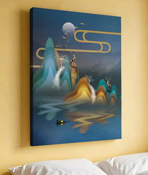 Paisaje abstracto con ciervo dorado y montañas en capas en una serena escena nocturna