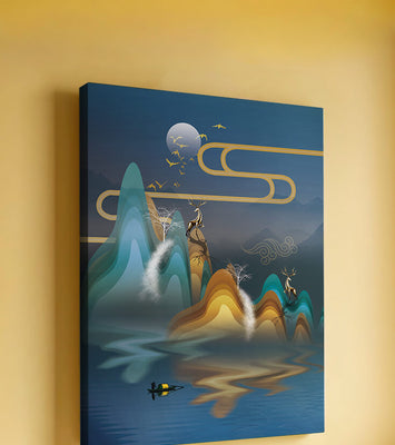 Abstract landscape with golden deer and layered mountains in serene night scene