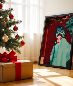 Traditional Asian art with elegant woman in traditional attire