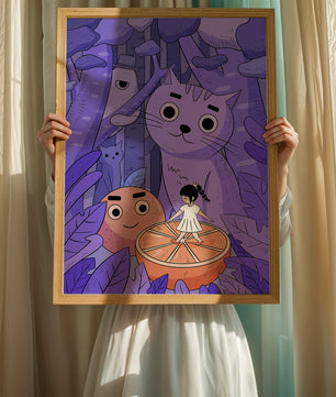 Whimsical forest scene with playful cartoon characters