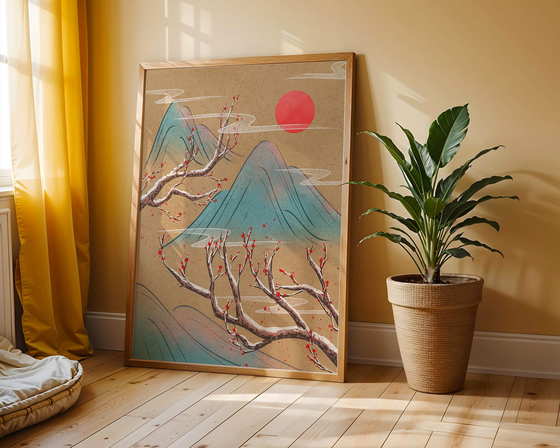 Tranquil landscape with cherry blossom and red sun