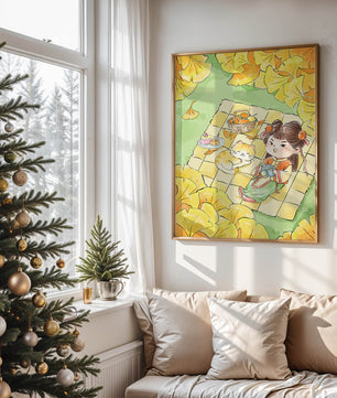 Charming autumn picnic scene with girl and cat surrounded by ginkgo leaves