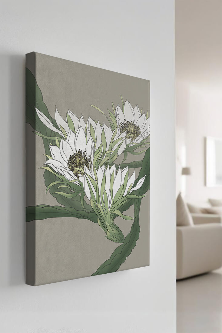 Beautiful botanical illustration of white blooming flowers with green leaves