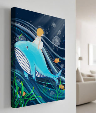 Whimsisches Unterwasserszenario mit Kind und Blauwal