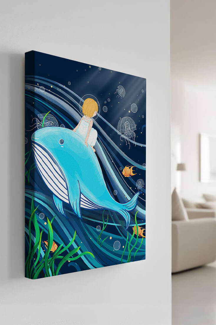 Whimsisches Unterwasserszenario mit Kind und Blauwal